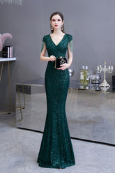 Shining Sequins Emerald Green Mermaid Evening Party Gown with Tassels Sleeves